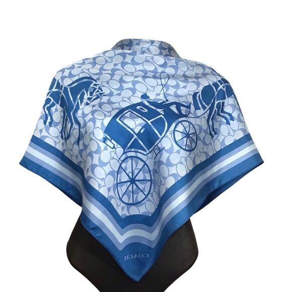 Coach Blue Monogram Horse And Carriage Square Scarf - Picture 1 of 4